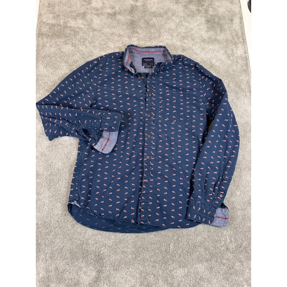 Cactus Man Ricky Singh Mens Large Slim Fit Navy Blue Red Fox Print Button Shirt